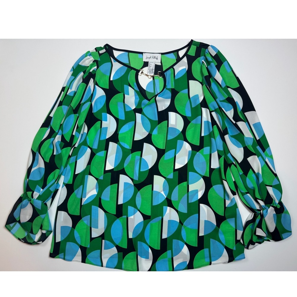 Joseph Ribkoff Geometric Print Blouse Green Blue Horsebit Keyhole Top Size 14